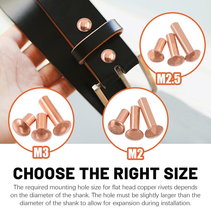 Tanstic 270Pcs Round Head Copper Solid Rivets, M2x4/6/8, M2.5x5/8/10, M3x4/6/10 Solid Copper Rivets Fasteners for Electrical Applications Copper Finish Copper Tone - Image 4